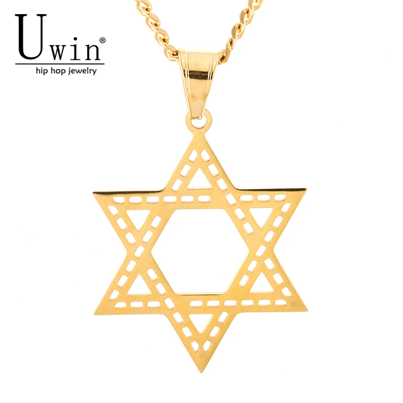 UWIN Hip Hop Style Hexagram Hollow Pendant Gold Palted Stainless Steel Trendy Color Rock Punk Necklace Men Jewelry | Украшения и