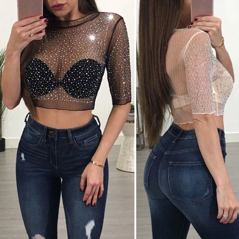 Spring Summer Women Sexy Mesh Crop Top Elbow Sleeve Crystal Decor T Shirt Transparent Streetwear Tee Casual Tops GDD99
Spring Summer Women Sexy Mesh Crop Top Elbow Sleeve Crystal Decor T Shirt Transparent Streetwear Tee Casual Tops GDD99