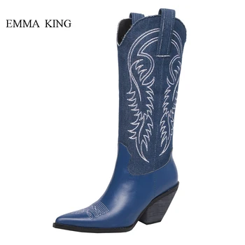 2019 Autumn Winter Shoes Woman British Style Pointed Toe Strange Heels Embroidered Denim Leather Patchwork Western Boots Women
2019 Autumn Winter Shoes Woman British Style Pointed Toe Strange Heels Embroidered Denim Leather Patchwork Western Boots Women