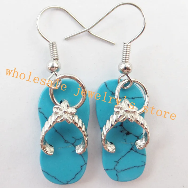 Image Min. Order is 10 USD  YUTENG  A Pair of Carved 23x11x9mm Blue Turquoise Slippers Earrings ss08