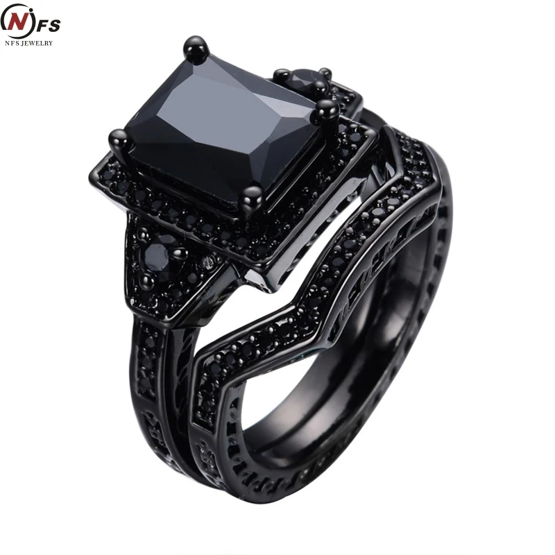 

NFS Black Rhodium Princess Cut Onyx Wedding Engagement Ring Set Propose Statement Bridal Halo Cocktail Promise Anniversary