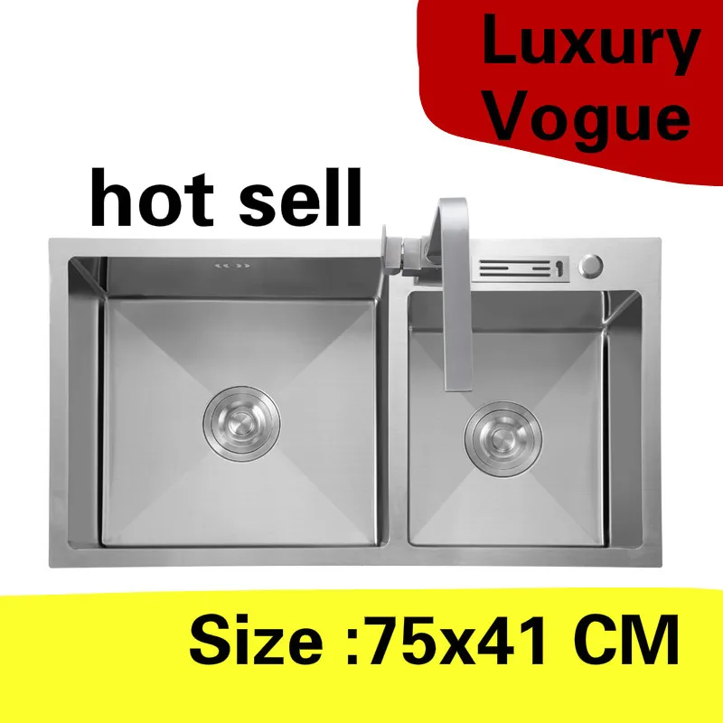 

Free shipping Home kitchen manual sink double groove vogue wash vegetables high quality 304 stainless steel hot sell 75x41 CM