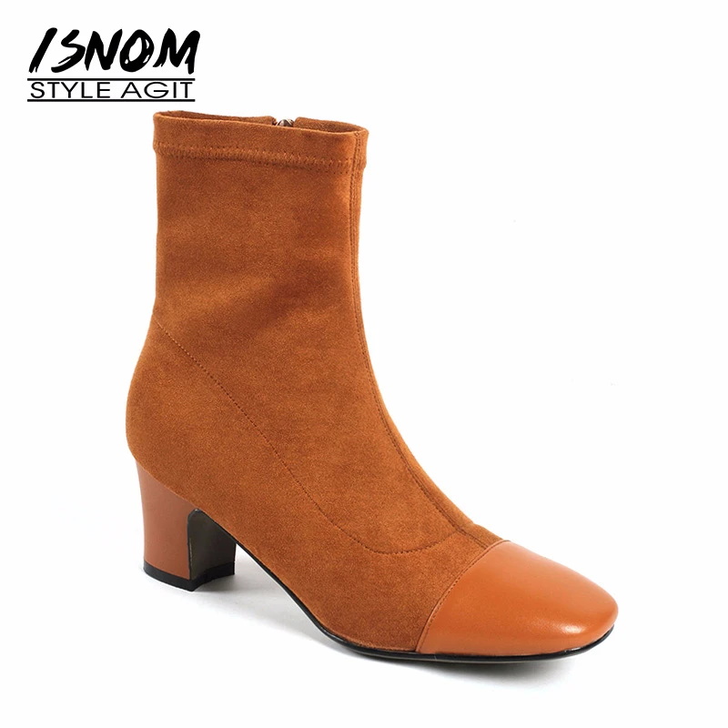 ISNOM Stretch High Heels Women Boots Square Toe Slip On Footwear Leather Female Ankle Boot Flock Shoes 2018 Plus Size 43 | Обувь