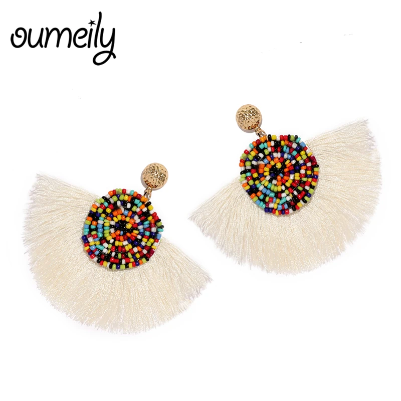 

OUMEILY Bohemian Beads Tassel Earrings for Women 2018 Fashion Jewelry Ethnic Wedding Statement Boho Fan Color Fringe Earrings