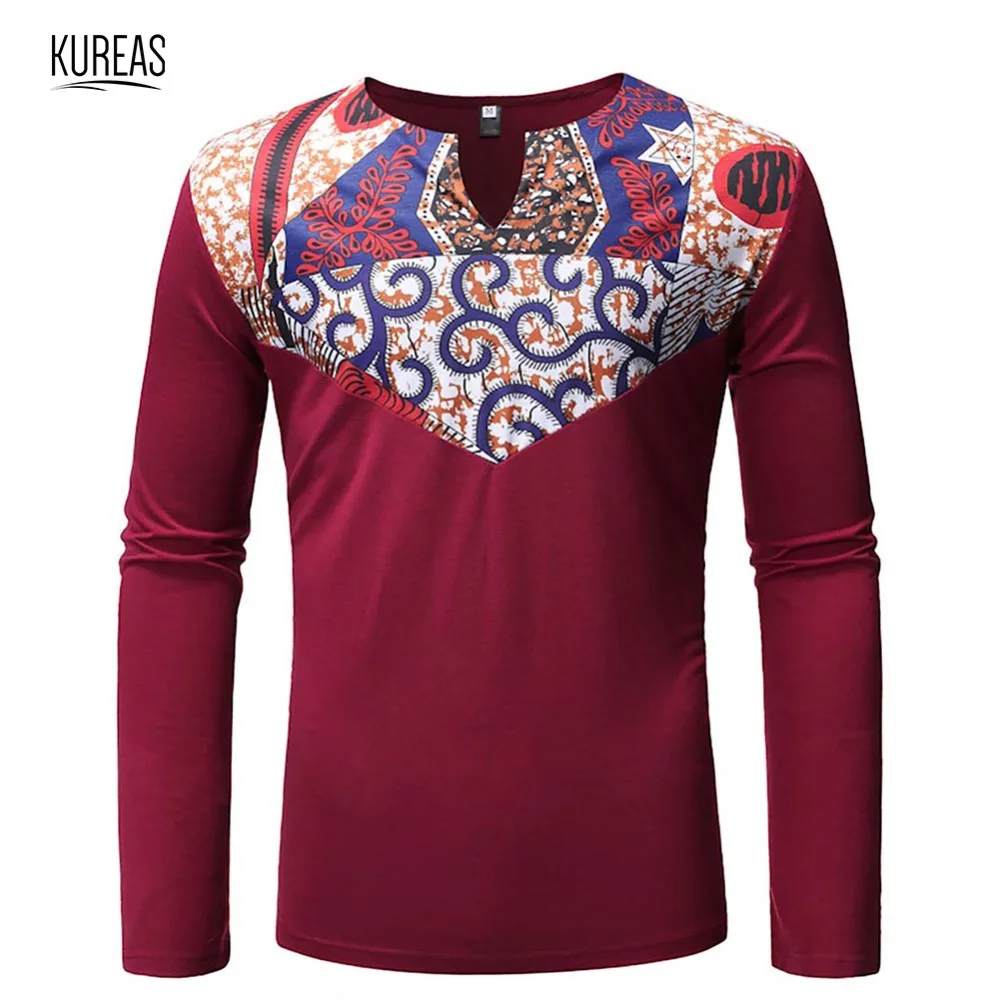 

Kureas African Clothing Dashiki T Shirts Men Tribal Pattern Patchwork Print Shirt Long Sleeve Blouse Casual Slim Africa Clothes