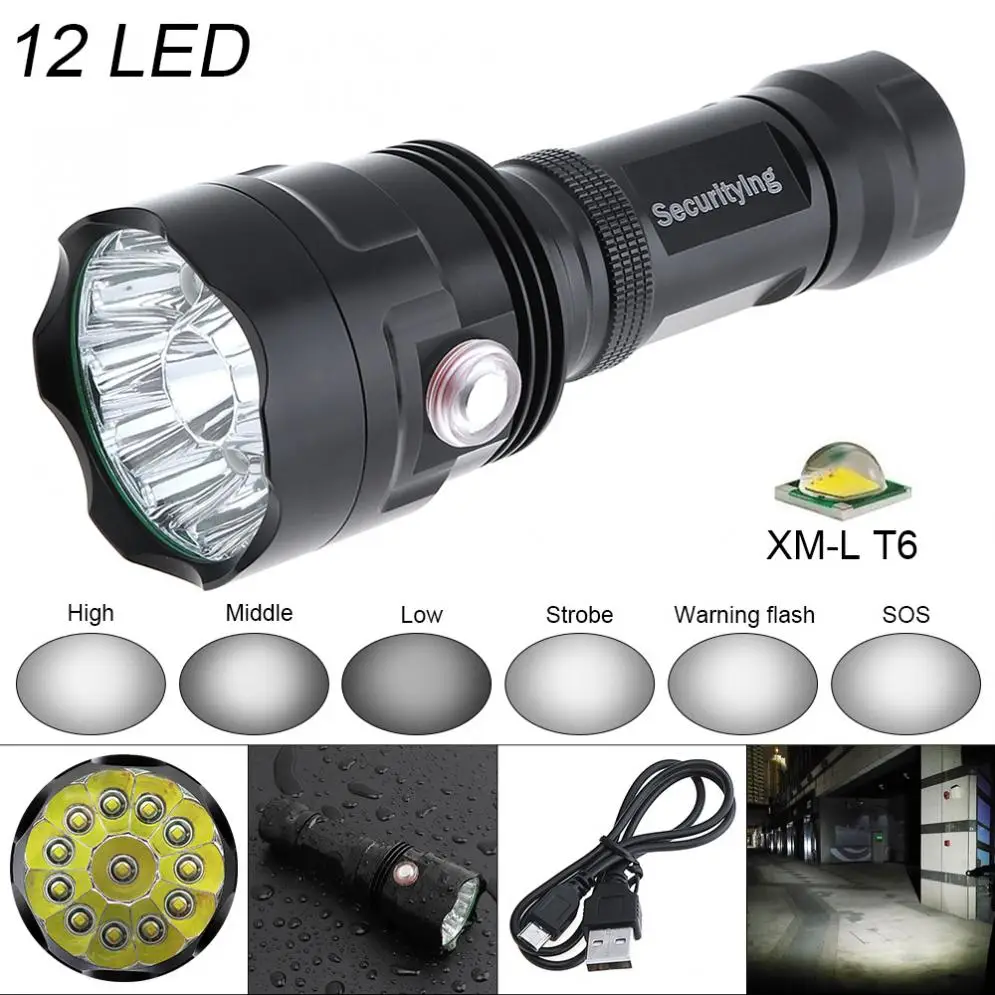 SecurityIng 5000LM LED Flashlight Torch light 12x XM-L T6 LED Waterproof Flashlight Torch with 6Modes Light Support USB charging
SecurityIng 5000LM LED Flashlight Torch light 12x XM-L T6 LED Waterproof Flashlight Torch with 6Modes Light Support USB charging