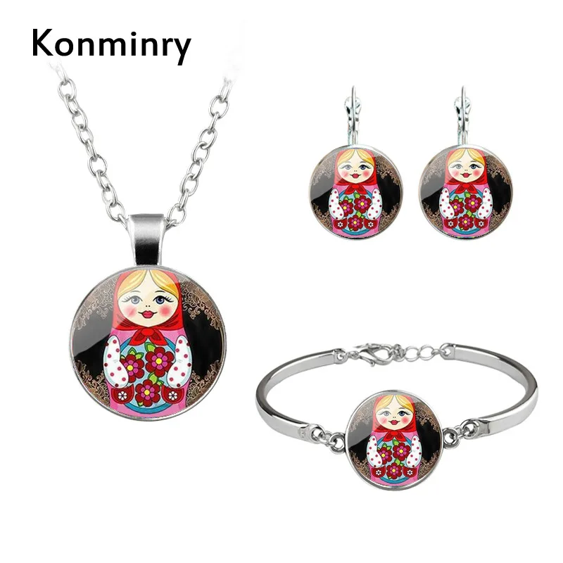 Konminry Traditional Russia Doll Jewelry Set Glass Pendant Matryoshka Moon Shape Necklace Earrings Sets For Girl Women
Konminry Traditional Russia Doll Jewelry Set Glass Pendant Matryoshka Moon Shape Necklace Earrings Sets For Girl Women