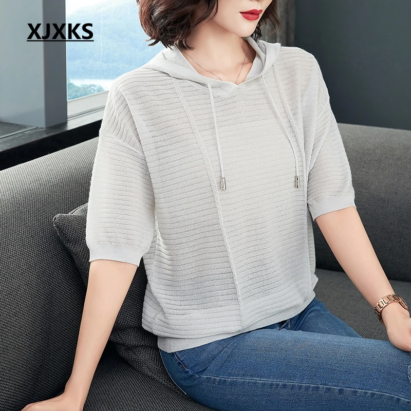 XJXKS Summer New Tops 2019 Young Women Tops Knitting Thin Half Sleeve Hooded Tee Shirt Casual Breathable Loose Women T-shirt
XJXKS Summer New Tops 2019 Young Women Tops Knitting Thin Half Sleeve Hooded Tee Shirt Casual Breathable Loose Women T-shirt