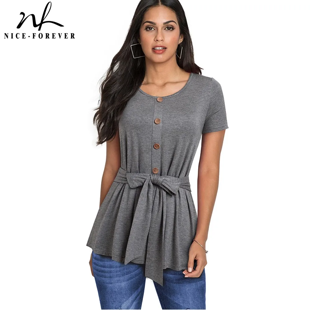 Nice-forever Fashion Brief Casual Button Round neck Sashes T-shirts Short Sleeve Stylish Female Women Tees tops T038
Nice-forever Fashion Brief Casual Button Round neck Sashes T-shirts Short Sleeve Stylish Female Women Tees tops T038