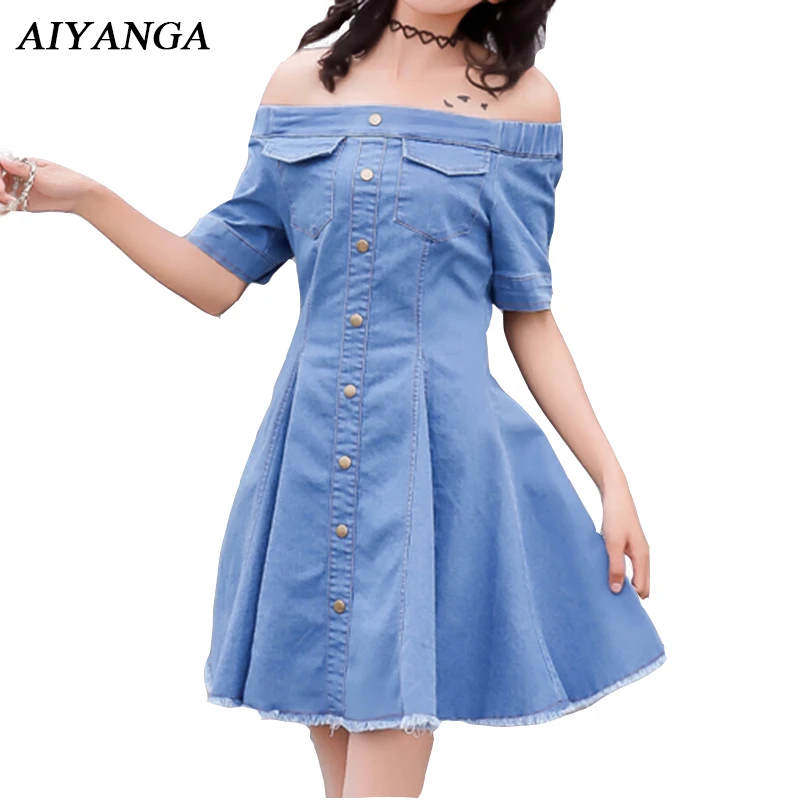 Slash Neck Off Shoulder Denim Dresses For Women 2018 Summer A-Line Dress Short Sleeve Causal Sexy Jeans Preppy Style Solid Blue
Slash Neck Off Shoulder Denim Dresses For Women 2018 Summer A-Line Dress Short Sleeve Causal Sexy Jeans Preppy Style Solid Blue