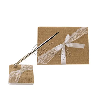 2pcs/set Burlap Wedding Guest Book + Pen Set with Lace Ribbon Bowknot Pen Stand Guest Signature Book for Wedding Decoration 02
2pcs/set Burlap Wedding Guest Book + Pen Set with Lace Ribbon Bowknot Pen Stand Guest Signature Book for Wedding Decoration 02
