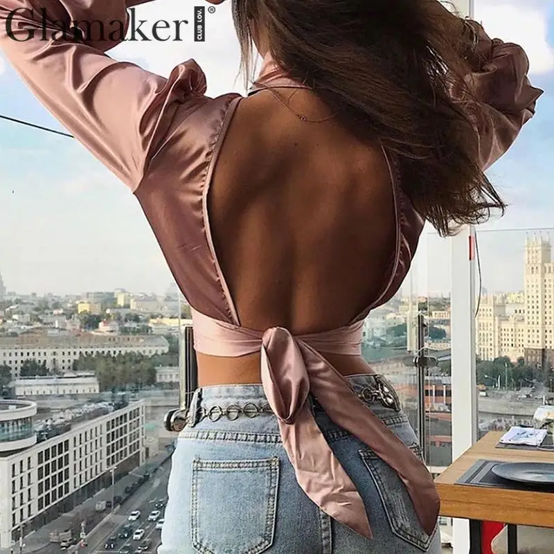 Glamaker Long lantern sleeve vintage satin blouse Women sexy backless short shirt top Female short crop top pink shirt blouse
Glamaker Long lantern sleeve vintage satin blouse Women sexy backless short shirt top Female short crop top pink shirt blouse