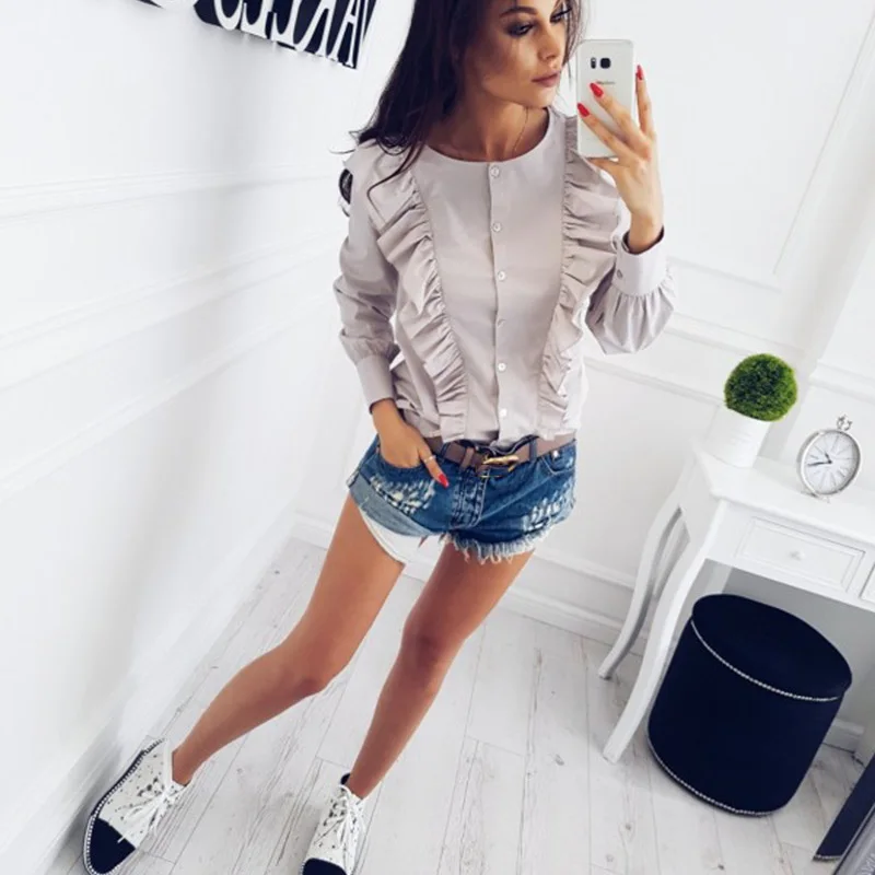 2018 Spring Fashion Women's ruffles blouse Casual O-Neck Long Sleeve Button Down Shirts Blue Striped Office Wear Tops
2018 Spring Fashion Women's ruffles blouse Casual O-Neck Long Sleeve Button Down Shirts Blue Striped Office Wear Tops