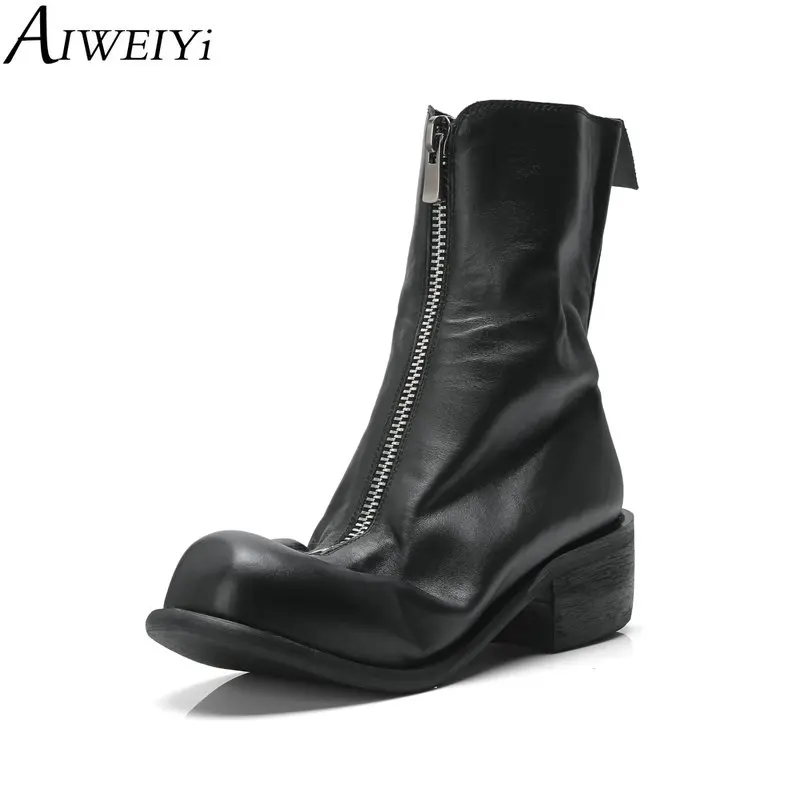 AIWEIYi Round toe Thick Heel High Heels Black Booties Front Zipper Genuine Leather Ankle Boots Autumn Winter Martin Boots Botas
AIWEIYi Round toe Thick Heel High Heels Black Booties Front Zipper Genuine Leather Ankle Boots Autumn Winter Martin Boots Botas