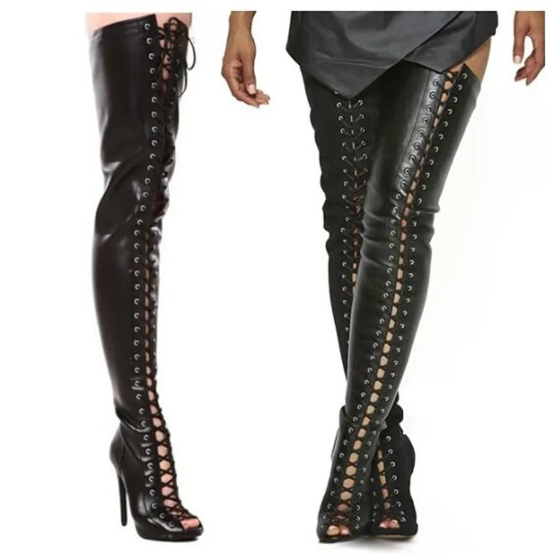 

Botas Mujer 2018 Sexy Peep Toe Black Summer Leather Over The Knee Boots Lace-Up Bandage Tight High Sandals Boots Shoes Woman