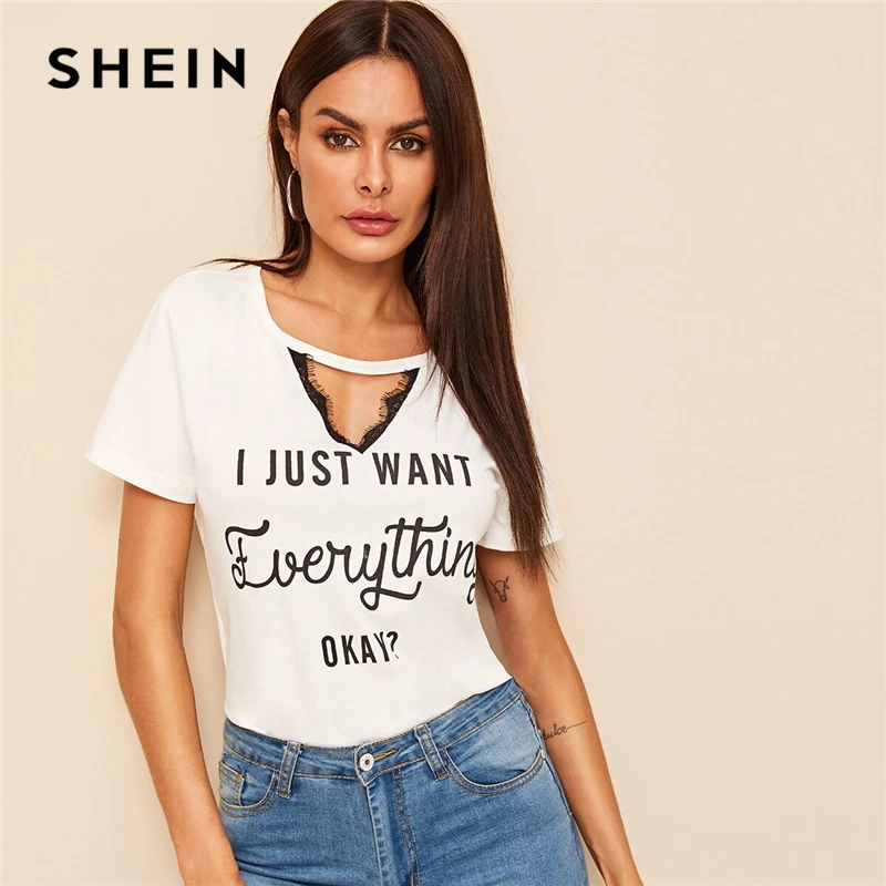 

SHEIN Lace Insert Choker Neck Slogan Tee White Short Sleeve Cut Out Round Neck stretchy Tops 2019 Summer Women T-shirts