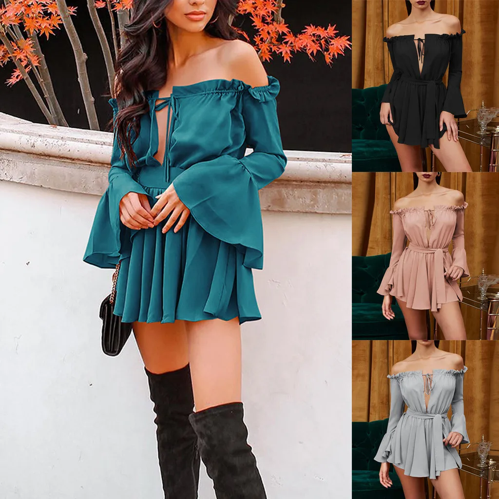 New Arrived Slash neck Flare Sleeve Full Dress Women Sexy Off Shoulder Solid Color One Word Collar Long Sleeve Bow Mini Dress #C
New Arrived Slash neck Flare Sleeve Full Dress Women Sexy Off Shoulder Solid Color One Word Collar Long Sleeve Bow Mini Dress #C