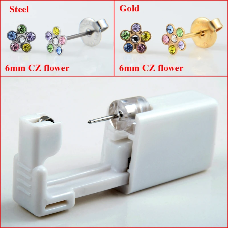 2Pieces Disposable Sterile Ear Cartilage Tragus Helix Piercing Gun Tool Kit Build In Surgical Steel Flower Stud Earring | Украшения и