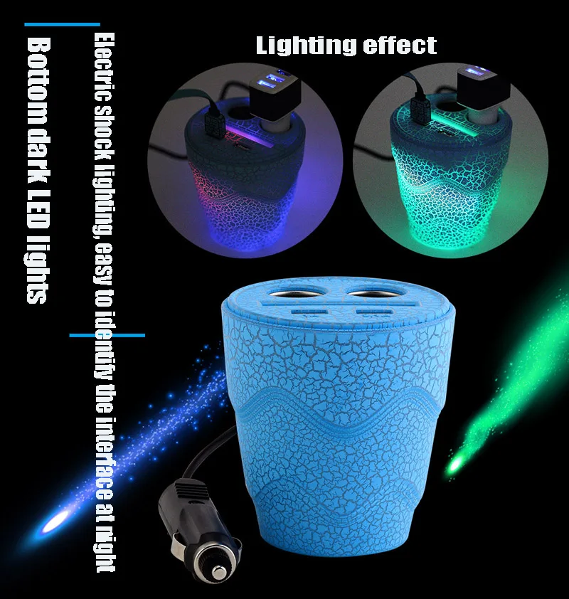 Fast Charge 2.0 Ice Crack Color Light 2 USB Car Charger and Cigarette Lighter with Tea Card Slot Cup Shape for Mobile iPad
Fast Charge 2.0 Ice Crack Color Light 2 USB Car Charger and Cigarette Lighter with Tea Card Slot Cup Shape for Mobile iPad