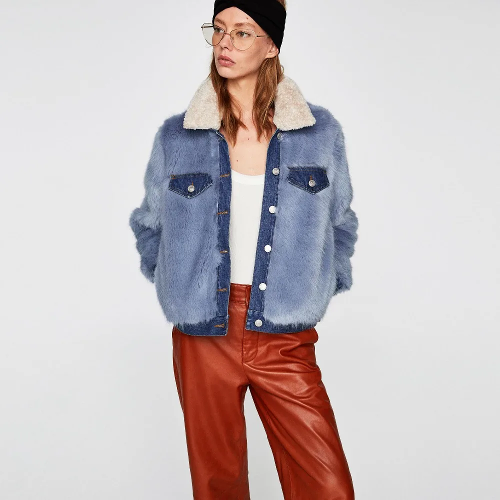 Blue denim spliced lapel collar faux fux coats for women ladies autumn winter single breasted button up jackets outwear
Blue denim spliced lapel collar faux fux coats for women ladies autumn winter single breasted button up jackets outwear