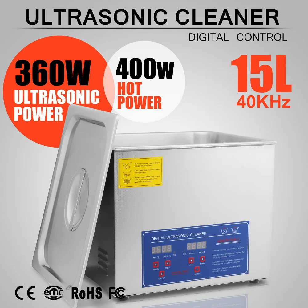 Powerful Stainless Steel 15 L Liters Ultrasonic Cleaner 760W Digital Heater Timer