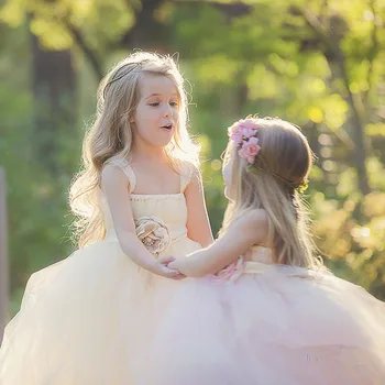 

Ivory Pink Wedding Flower Girl Dress Kids Party Pageant Birthday Bridesmaid Flower Sashes Tulle Tutu Dress Princess Ball Gowns