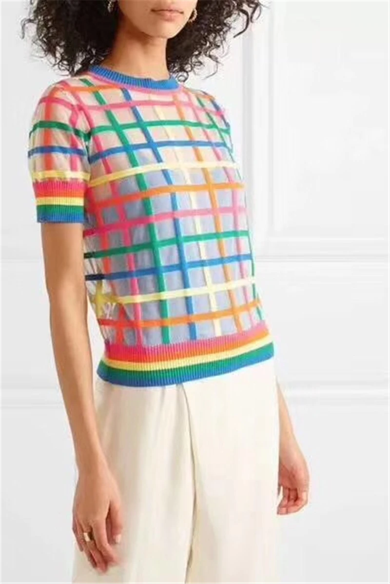 Sexy Rainbow Plaid Knitted Shirt 2019 Summer Women's Pullover T shirt Thin Cool Ladies Top Transparent Tee Shirts
Sexy Rainbow Plaid Knitted Shirt 2019 Summer Women's Pullover T shirt Thin Cool Ladies Top Transparent Tee Shirts