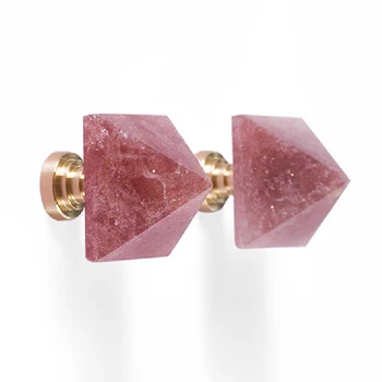 Natural Strawberry quartz handle Luxury Naturalism Pyramid shaped Crystal Knob Brass Grip for Cabinet Pulls Furniture Hardware
