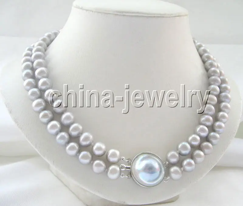 P4252 -2row 17-18" 10mm gray round freshwater pearl necklace -blister Mabe | Украшения и аксессуары