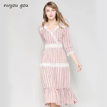 

2018 Summer V Neck Lantern Sleeve Vertical Striped Pink Girl Mid-calf Dresses Flounce Casual Frill Embellished Swing Dress