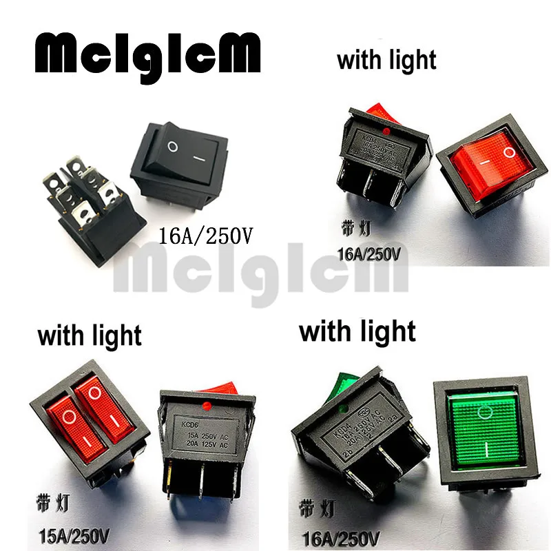

Black Rocker Switch AC 250V 16A / 125V 20A / 15A 250V 6 Pin ON-OFF SPST SPDT DPDT Snap in 2 way with Green Red Led Light 25*31mm
