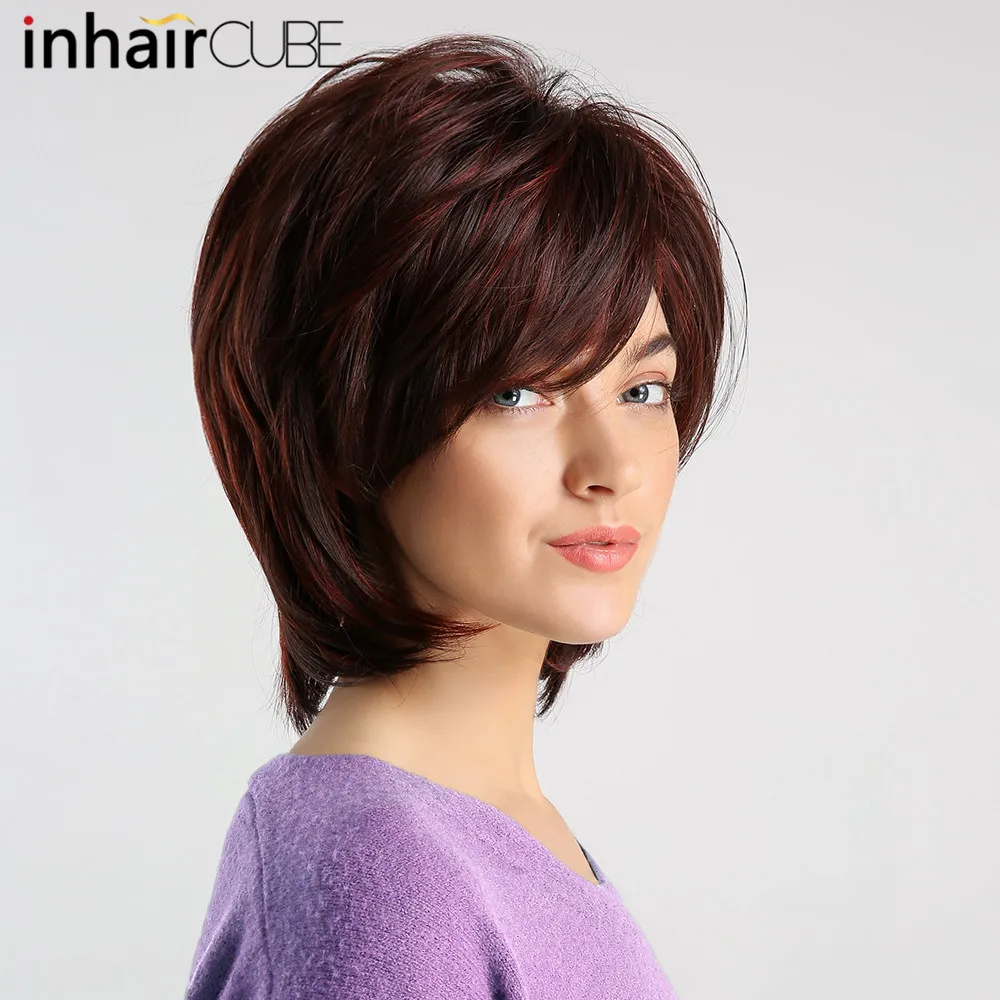 

Inhaircube Synthetic Inclined Bangs Women Wig Wine Red with Highlight Short Straight Hair Bob Wigs Cosplay Auburn Hairstyle