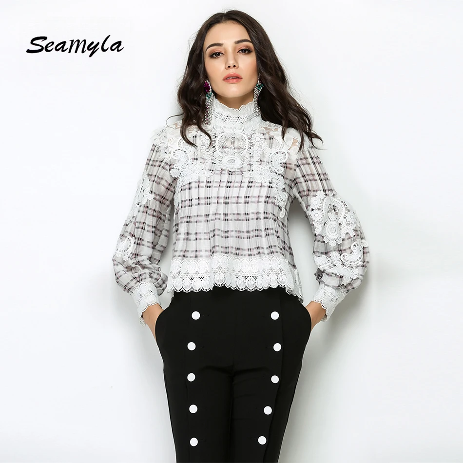 Seamyla Elegant White Plaid Blouse 2017 New Fashion Designer Women Runway Lace Blouses High Neck Long Sleeveless Winter Blouses
Seamyla Elegant White Plaid Blouse 2017 New Fashion Designer Women Runway Lace Blouses High Neck Long Sleeveless Winter Blouses
