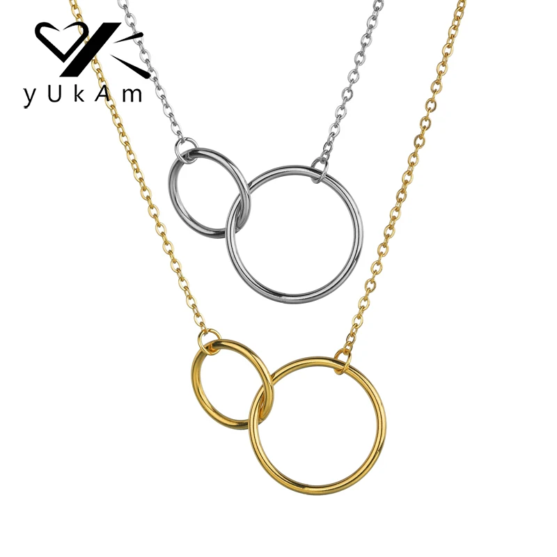 

YUKAM Jewelry Stainless Steel Hollow Mother Daughter Interlocking Double Circles Necklaces for Women Infinity Choker Silver Gold