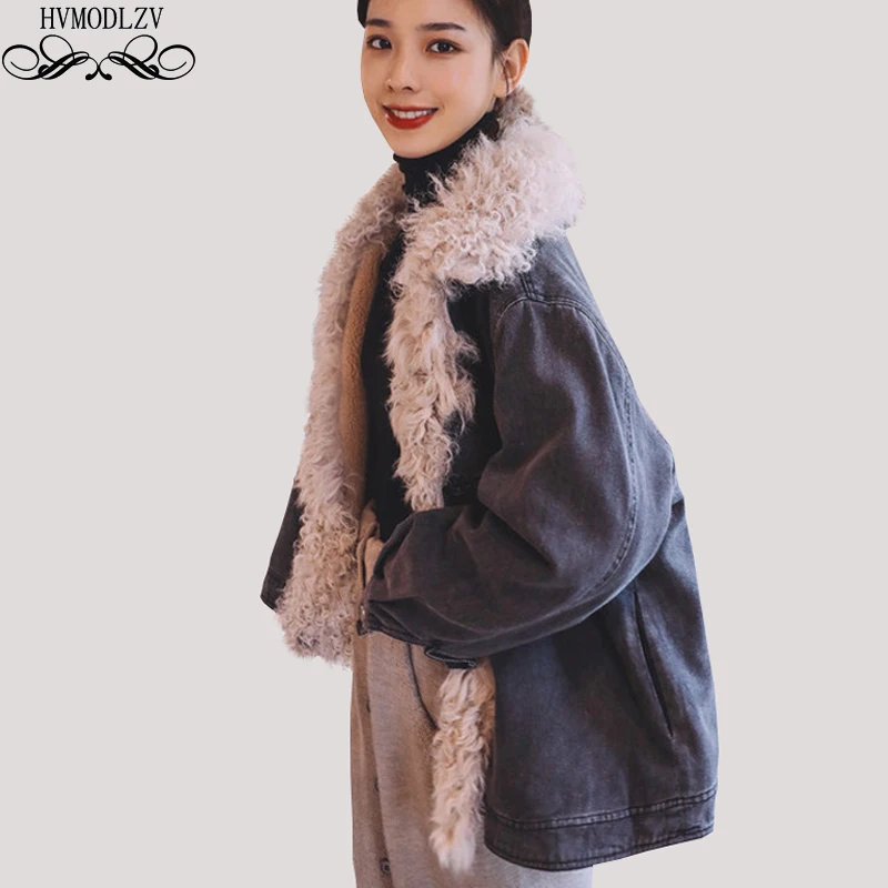 

Winter Gray Basic Cotton Jacket Women 2019 New Denim Stitching Lamb Wool Lapel Fashion Loose Female Plus Size Coat Tops HJ182