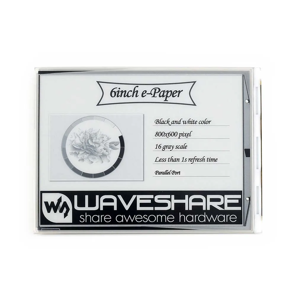 Waveshare 6inch E-Ink raw display, 800x600 resolution , parallel port, without PCB ,Low power consumption,wide viewing angle
Waveshare 6inch E-Ink raw display, 800x600 resolution , parallel port, without PCB ,Low power consumption,wide viewing angle