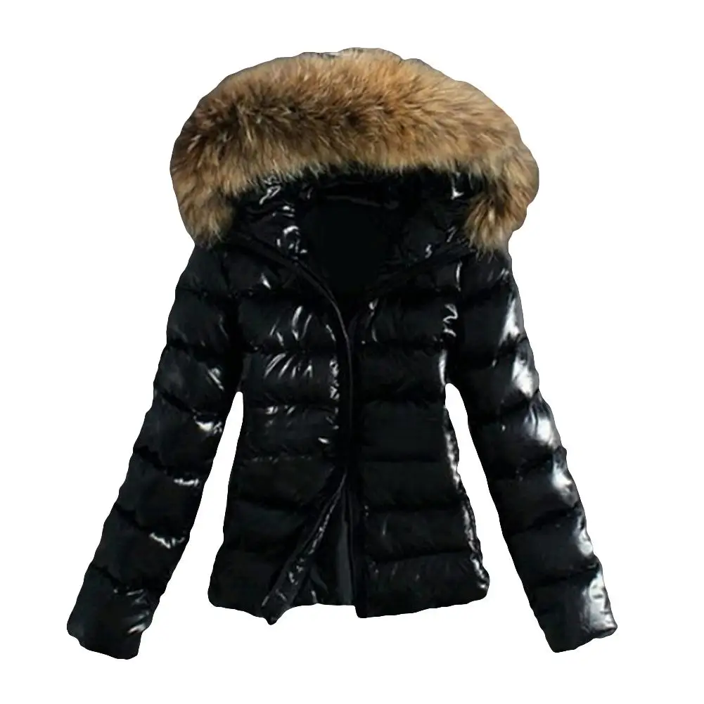 Women's Faux Fur Collar Hooded Zipper Puffer Winter Warm Outwear Jacket Coat