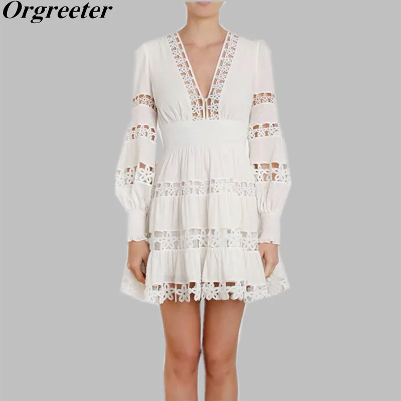 Elegant White Dress Female V Neck Elastic Waist Puff Sleeve Flower Embroidery Hollow out Party Dresses Women 2019 New Fashion
Elegant White Dress Female V Neck Elastic Waist Puff Sleeve Flower Embroidery Hollow out Party Dresses Women 2019 New Fashion