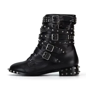 Sexy Silver Spikes Ankle Boot 5 Straps Buckle Studded Ridding Boots For Women Flat Heel Lace-up Motorcycle Boots Winter Boots
Sexy Silver Spikes Ankle Boot 5 Straps Buckle Studded Ridding Boots For Women Flat Heel Lace-up Motorcycle Boots Winter Boots
