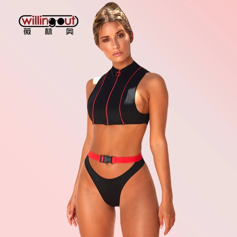 

Newest Crop Top With Collar Bikini Wear Two Color Available Professional Sporting Swim Suit Sexy High Waisted Bottom Biquini Set