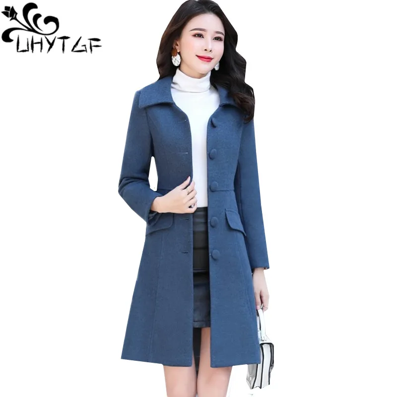UHYTGF Fashion Women Winter Wool Coat Belt Slim Long Windbreaker Outerwear Single-breasted Woolen Jacket Ladies High quality 924 | Женская