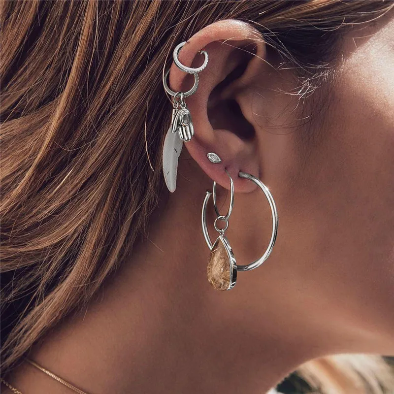 5Pcs/Set Bohemia Water Drop Crystal Silver Feather Pendant Big Round Stud Clip Earrings Set for Women Party Accessories Brincos
5Pcs/Set Bohemia Water Drop Crystal Silver Feather Pendant Big Round Stud Clip Earrings Set for Women Party Accessories Brincos