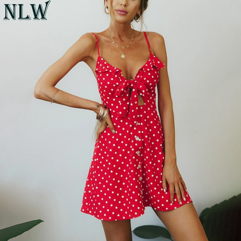 NLW Red Polka Dot Cutout Sexy Short Dress Spaghetti Strap Ruffle Bow Tie Button Up Summer Beach Party Dresses Pink Robe Femme
NLW Red Polka Dot Cutout Sexy Short Dress Spaghetti Strap Ruffle Bow Tie Button Up Summer Beach Party Dresses Pink Robe Femme