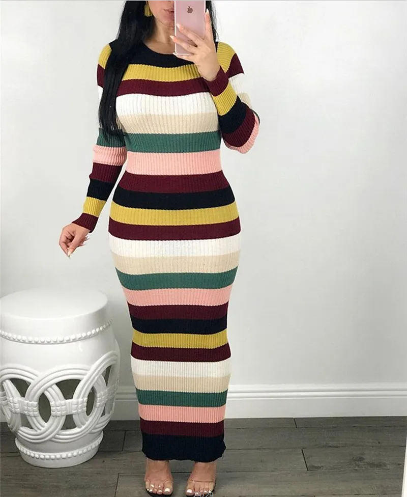 Autumn Long Sleeve Sexy Bodycon Dress Knitted Striped Maxi Dresses Slim Wrap Pencil Dress Christmas Clothes Vestidos04