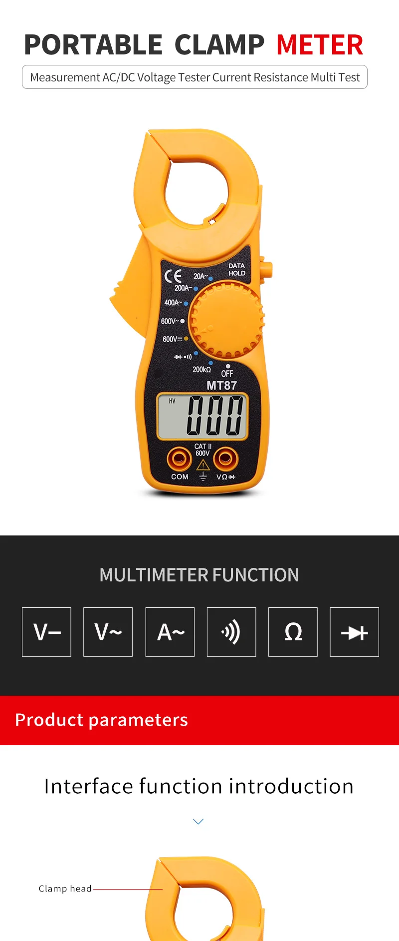 Portable MT87 LCD Digital Clamp Meters Multimeter With Measurement AC/DC Voltage Tester Current Resistance Multi Test