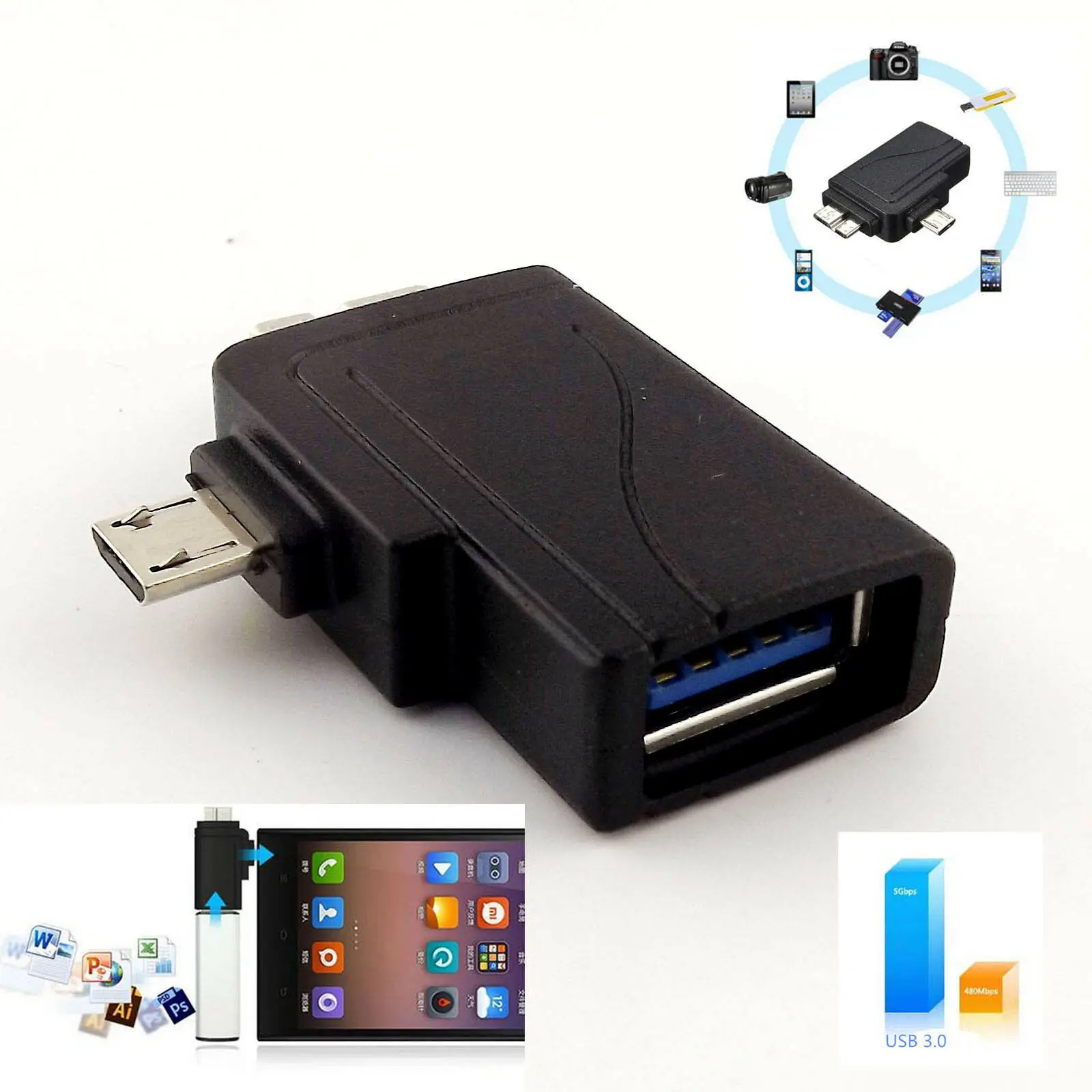 

1pcs Micro USB 3.0 2.0 Male 2 In 1 To USB 3.0 Charger OTG Host Adapter For Samsung S5