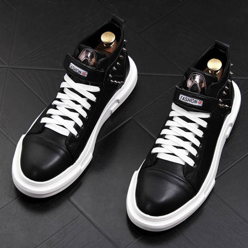 British luxury fashion mens genuine leather boots hip hop punk street style rivets shoes black white platform martin ankle boot | Обувь