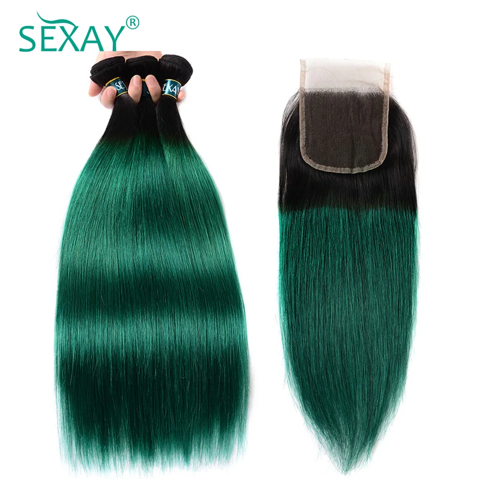 

Sexay Green Ombre Straight Human Hair 3 Bundles With Closures 1B/Green Dark Roots Peruvian Straight Human Hair Weave And Closure