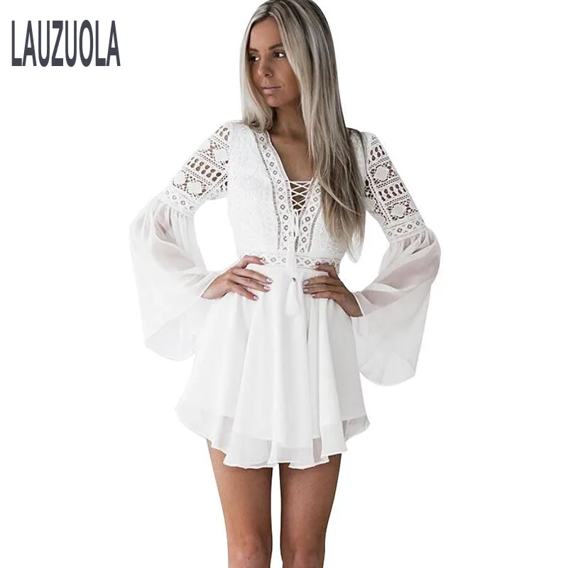 

Hollow Out White Dress Sexy Women Mini Chiffon Dress Criss Cross Semi-sheer Plunge V-Neck Long Sleeve Crochet Lace Dress Black