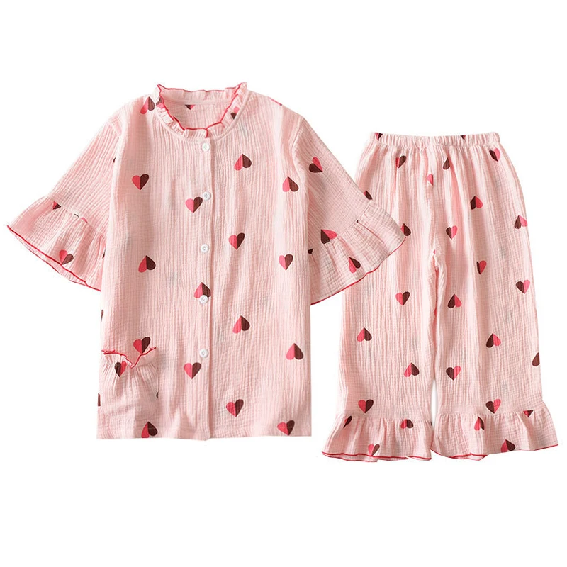 Kawaii doll collar pyjamas women 100% cotton summer short sleeve cropped trousers Korea cute heart homewear women pajamas sets
Kawaii doll collar pyjamas women 100% cotton summer short sleeve cropped trousers Korea cute heart homewear women pajamas sets
